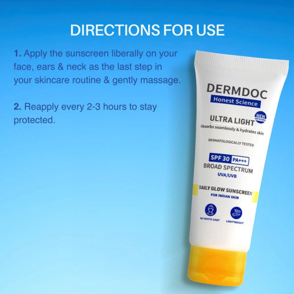 DermDoc UVA & UVB Broad Spectrum Sunscreen With SPF 50 & PA+++ For All Skin Types | 30 g Cream | No White Cast | Water & Sweat Resistant | No Parabens & Sulphates