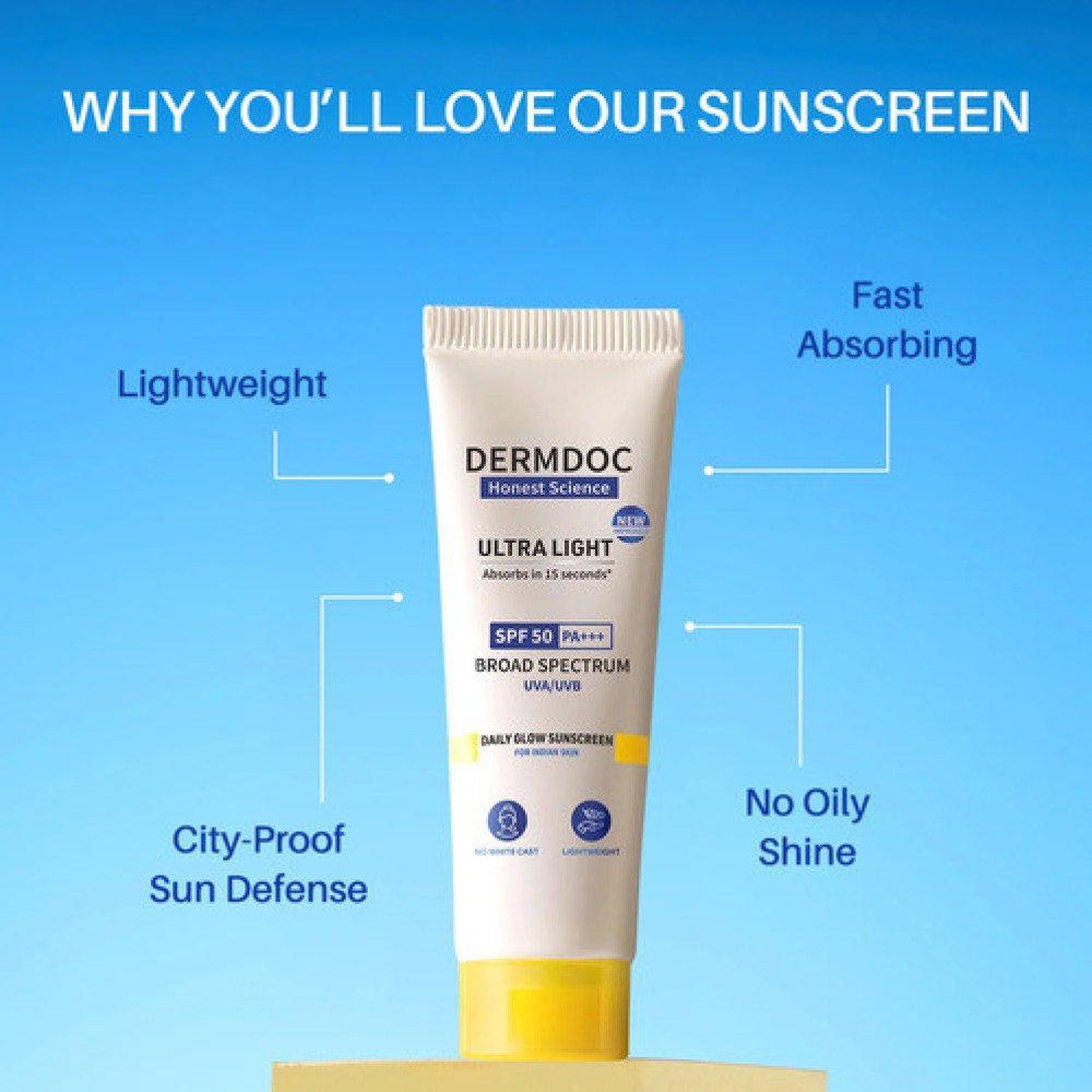 DermDoc UVA & UVB Broad Spectrum Sunscreen With SPF 50 & PA+++ For All Skin Types | 30 g Cream | No White Cast | Water & Sweat Resistant | No Parabens & Sulphates