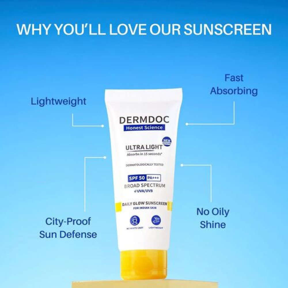 DERMDOC by Purplle Ultra Light SPF 50 PA+++ Daily Glow Sunscreen (50gm) | Sunblock | Lightweight | Non-Greasy | 0 White Cast
