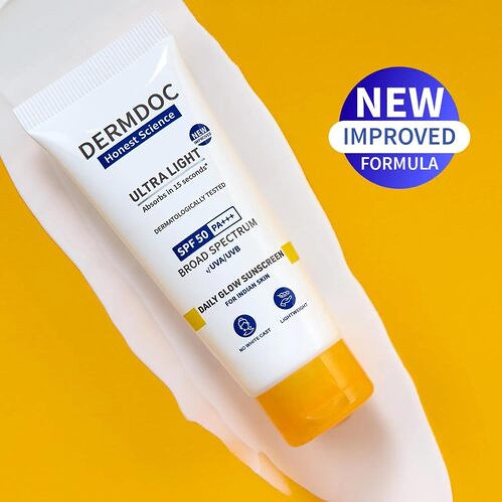 DERMDOC by Purplle Ultra Light SPF 50 PA+++ Daily Glow Sunscreen (50gm) | Sunblock | Lightweight | Non-Greasy | 0 White Cast