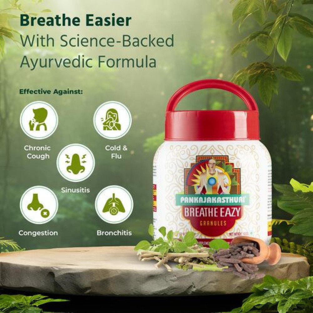 {"en":"Pankajakasthuri Breathe Eazy Granules Ayurvedic For Cough & Cold, Sinus, Asthma, Bronchitis & Breathing Disorders | Natural Immunity Booster | Unique Blend of 17 Ayurvedic Herbs - 400g