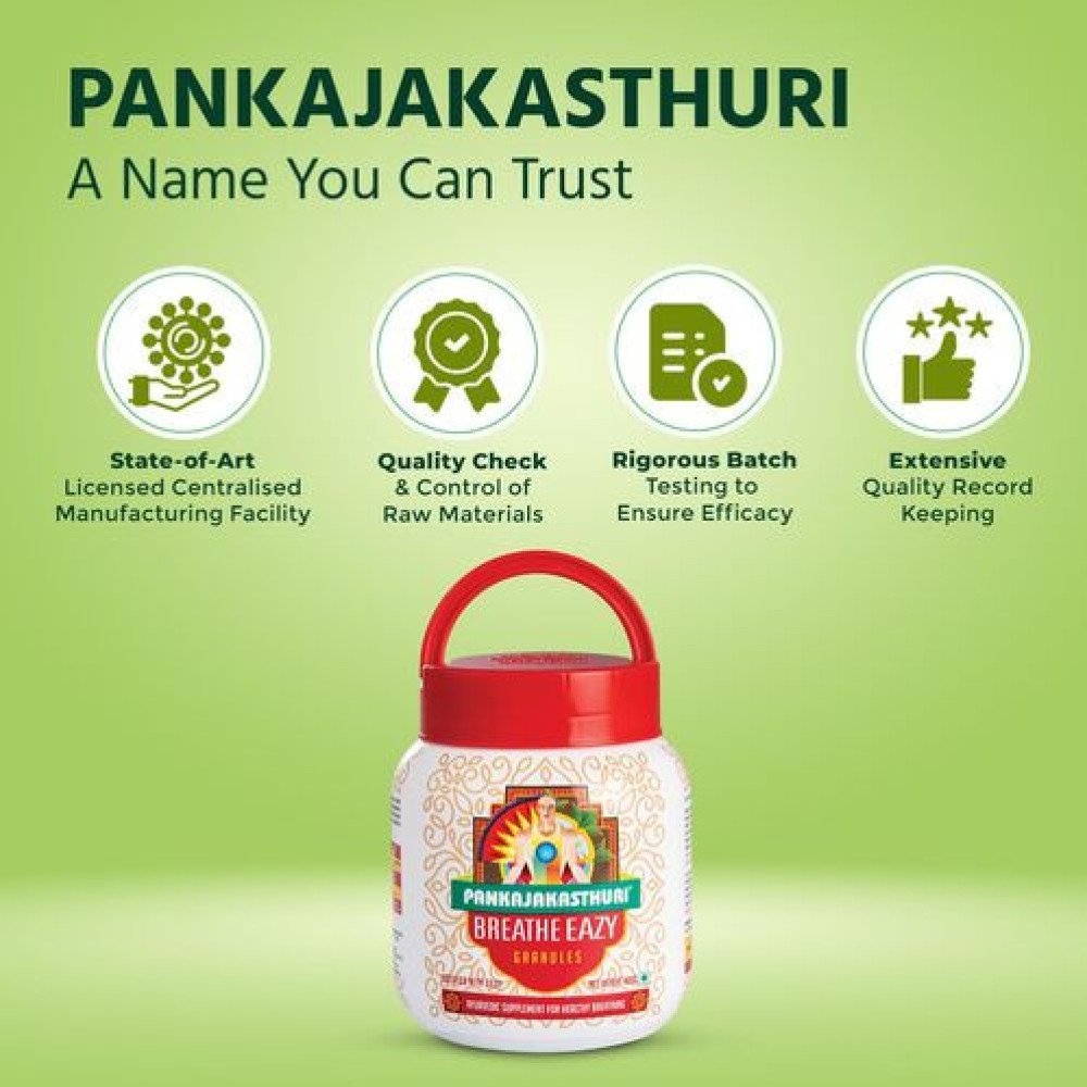 {"en":"Pankajakasthuri Breathe Eazy Granules Ayurvedic For Cough & Cold, Sinus, Asthma, Bronchitis & Breathing Disorders | Natural Immunity Booster | Unique Blend of 17 Ayurvedic Herbs - 200g