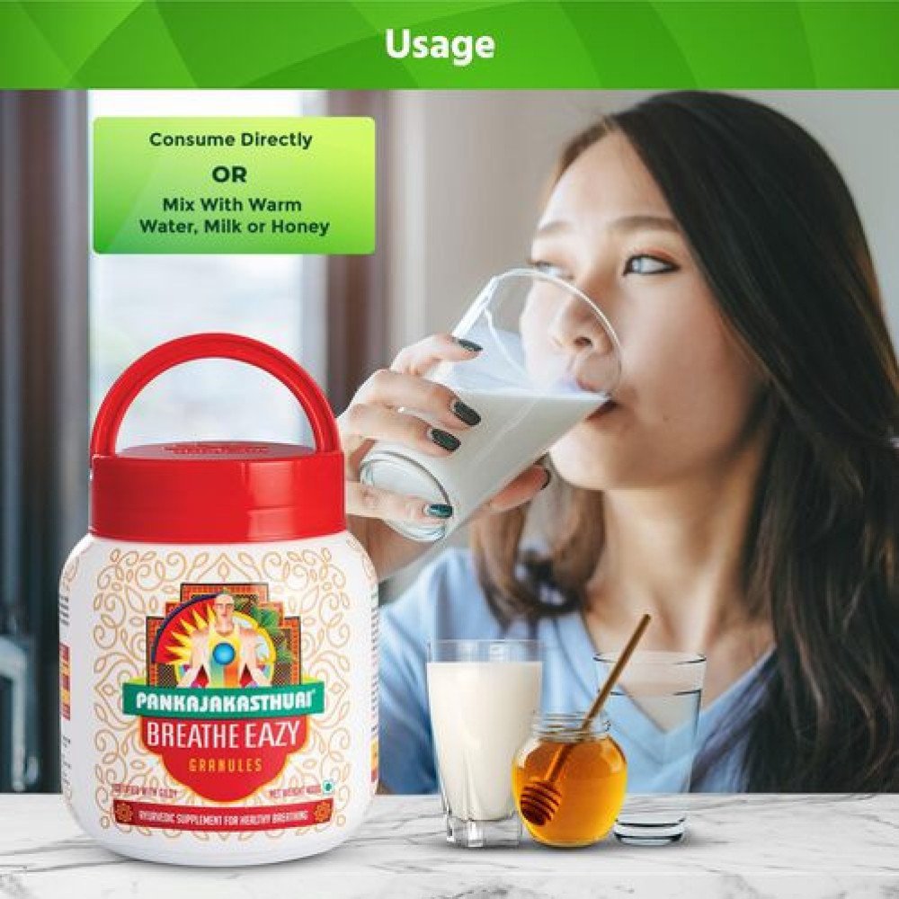 {"en":"Pankajakasthuri Breathe Eazy Granules Ayurvedic For Cough & Cold, Sinus, Asthma, Bronchitis & Breathing Disorders | Natural Immunity Booster | Unique Blend of 17 Ayurvedic Herbs - 200g