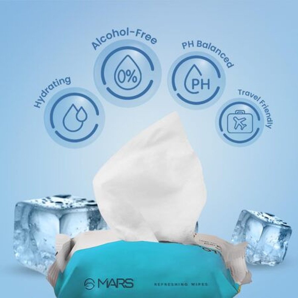 MARS Refreshing Wet Wipes for Face| Facial Cleansing | Refreshing & Skin Hydration| Soothing for skin | pH Balance & Alcohol Free | Nourishing with Fruit extract | 25 Wipes | Ice