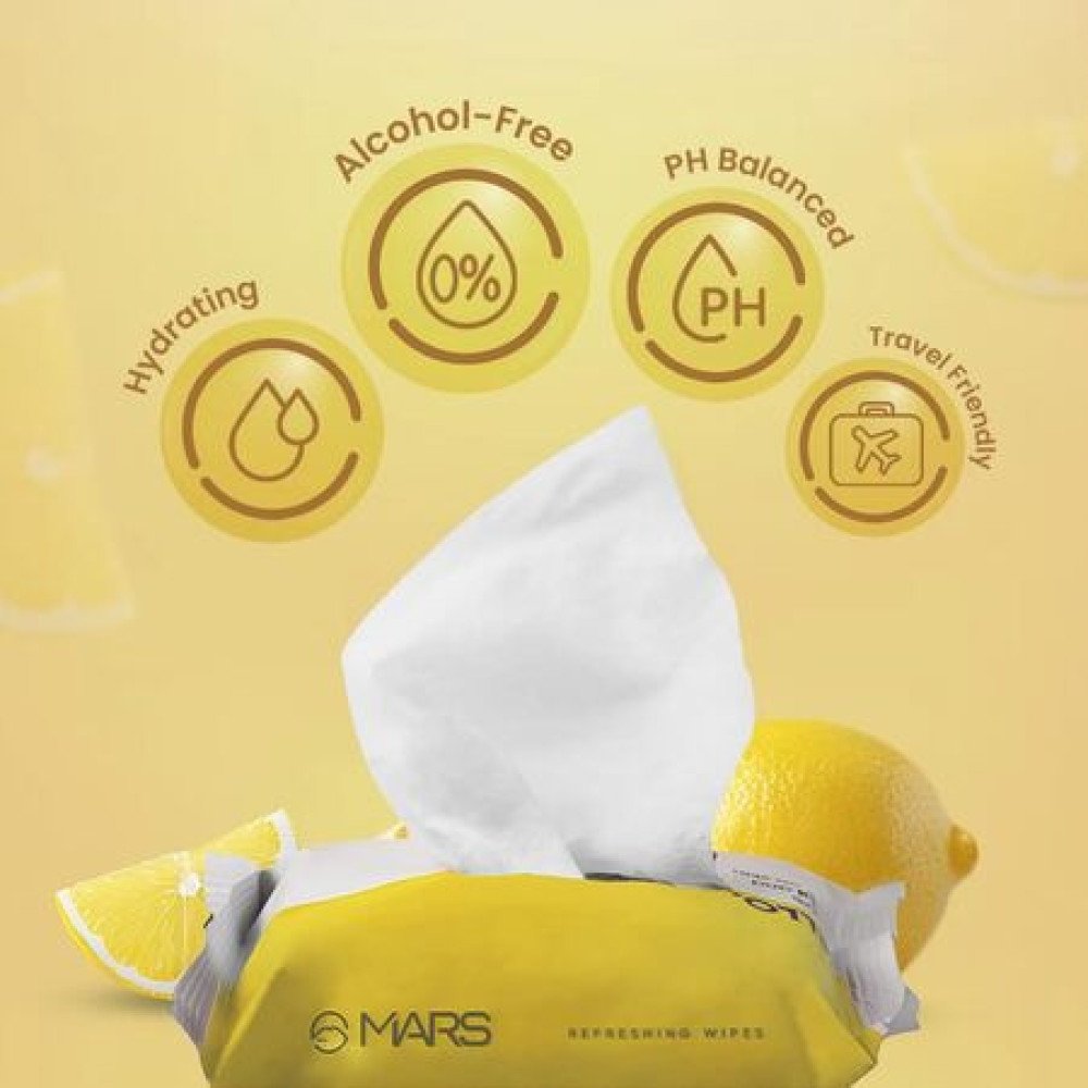 MARS Refreshing Wet Wipes for Face| Facial Cleansing | Refreshing & Skin Hydration| Soothing for skin | pH Balance & Alcohol Free | Nourishing with Fruit extract | 25 Wipes | Lemon