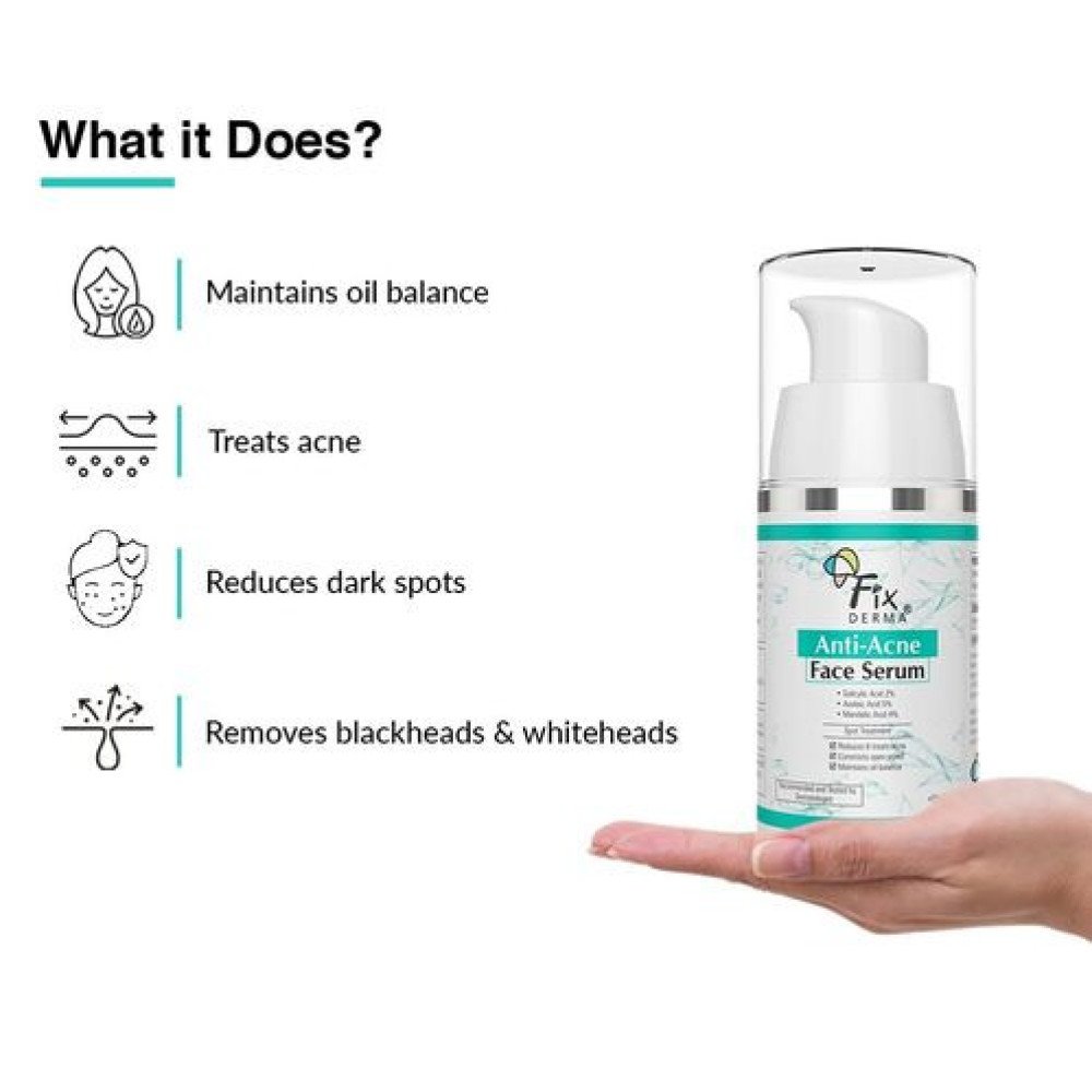 Fixderma 2% Salicylic Acid Serum for Anti Acne & Spot Treatment with 5% Azelaic Acid & 4% Mandelic Acid | Anti Acne Face Serum | Face Serum for Men & Women for Oily Skin - 30Gm