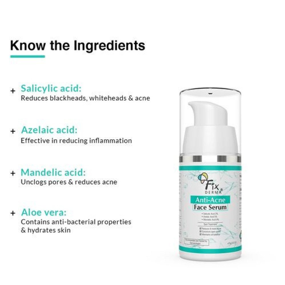 Fixderma 2% Salicylic Acid Serum for Anti Acne & Spot Treatment with 5% Azelaic Acid & 4% Mandelic Acid | Anti Acne Face Serum | Face Serum for Men & Women for Oily Skin - 30Gm