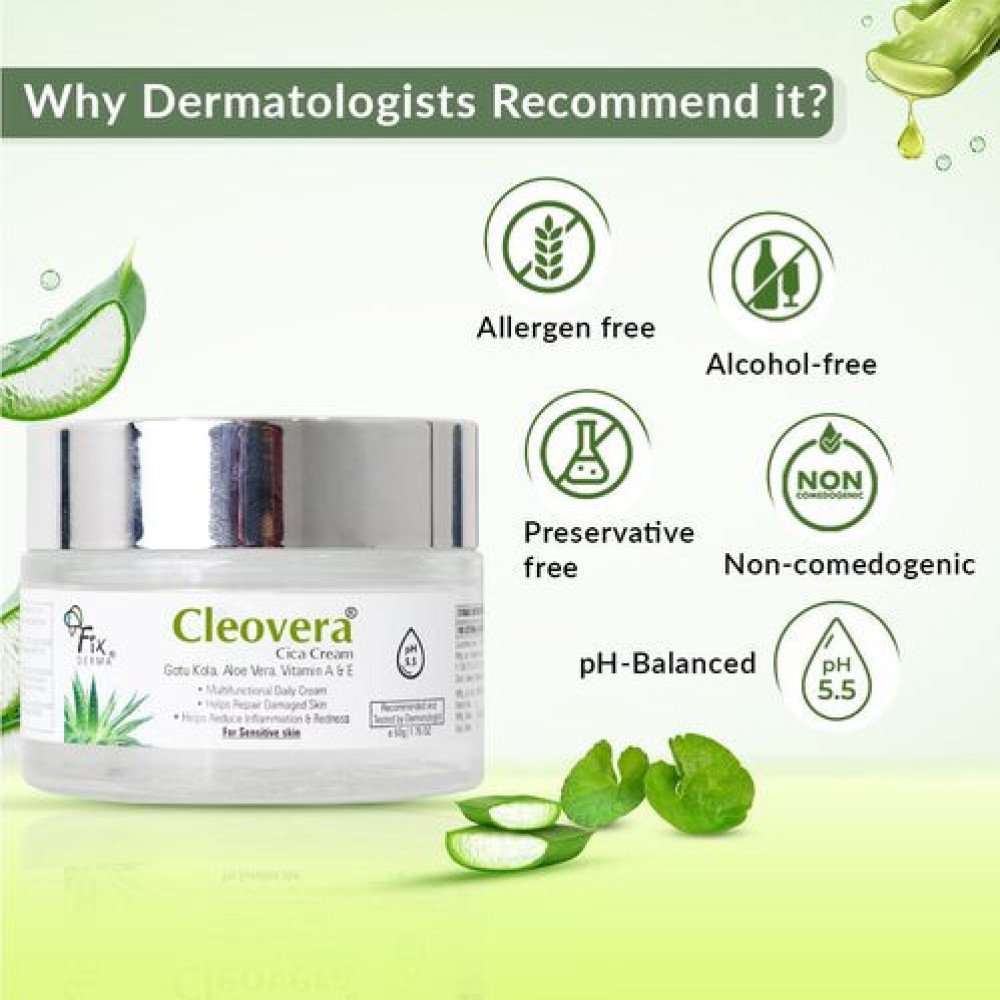 Fixderma Cleovera Cica Cream for Face with Gotu Kola, Aloevera, Vitamin A & E | Damage Skin Repair Face Cream | Suitable for Sensitive, Dry & Damaged Skin - 50g