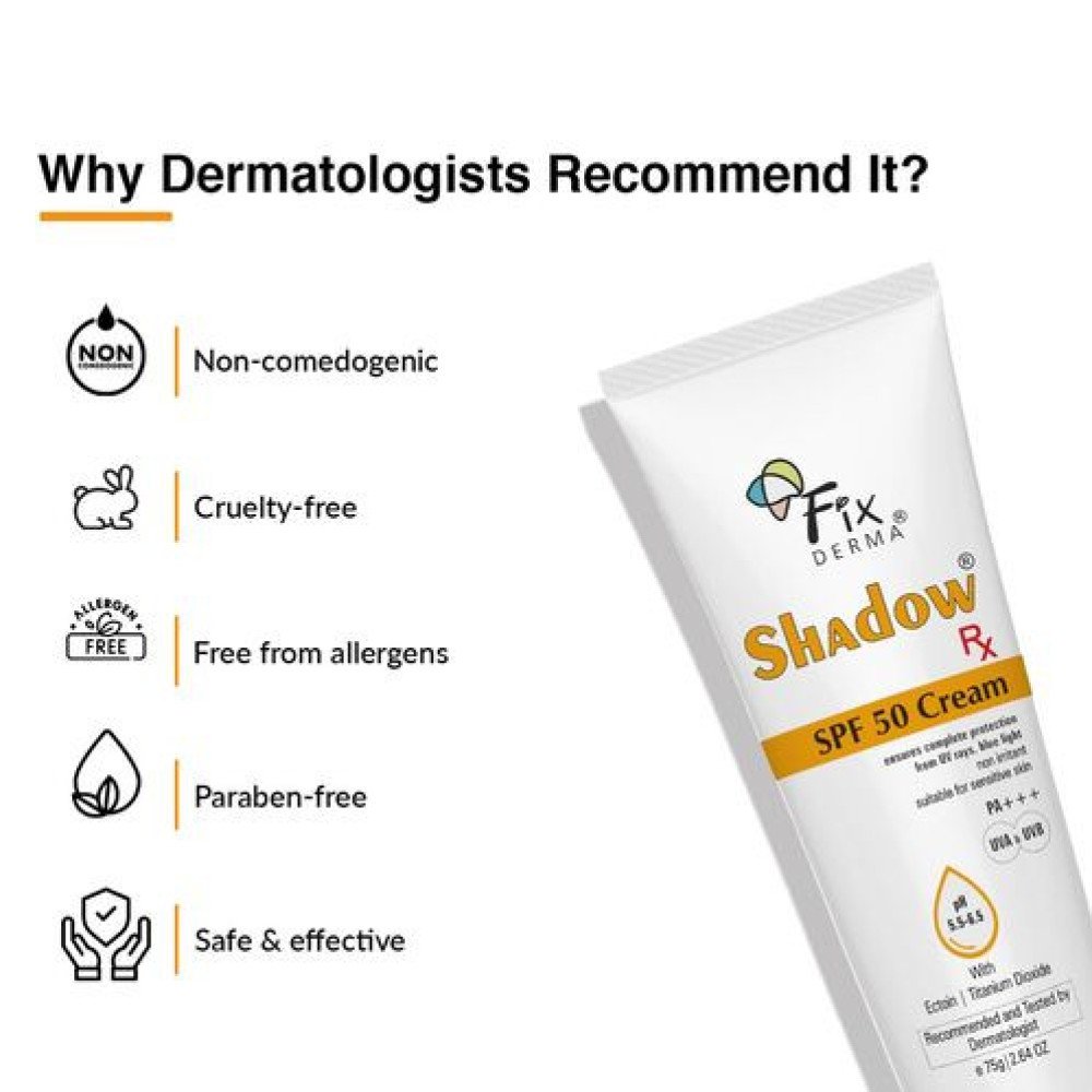 Fixderma Shadow RX Sunscreen SPF 70+ Cream | Sunscreen for Dry Skin | Sunblock SPF 50 | Hybrid Sunscreen with UVA & UVB Filters, Antioxidants, IR Protection and Blue Light Protection - 75gm