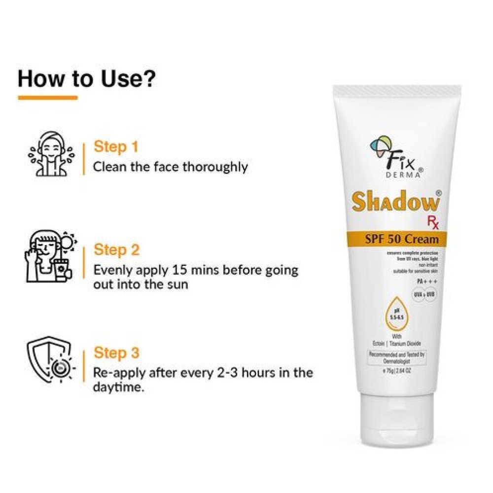 Fixderma Shadow RX Sunscreen SPF 70+ Cream | Sunscreen for Dry Skin | Sunblock SPF 50 | Hybrid Sunscreen with UVA & UVB Filters, Antioxidants, IR Protection and Blue Light Protection - 75gm
