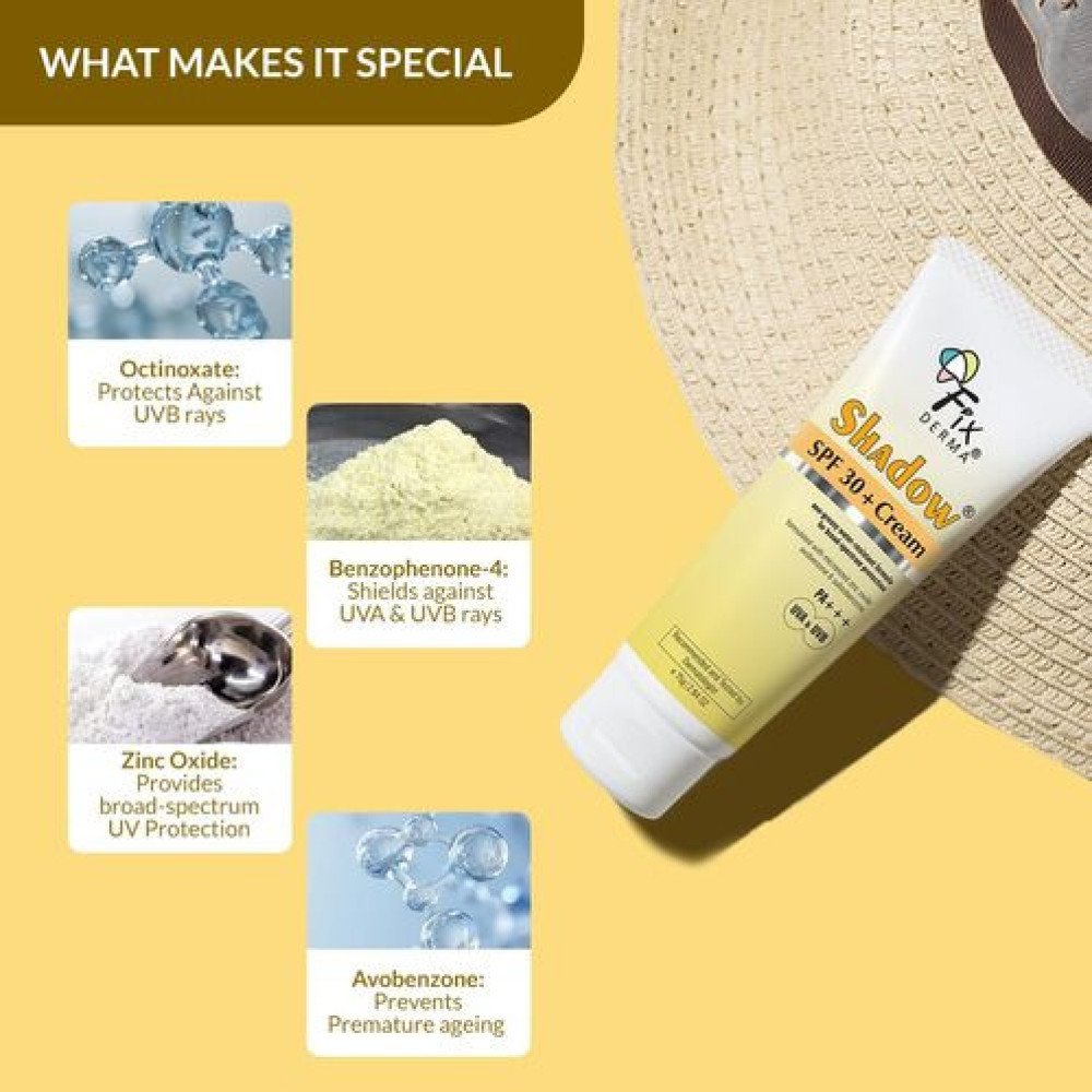 Fixderma Shadow Sunscreen SPF 30+ PA+++ Cream For Dry Skin, Body & Face, Broad Spectrum For Uva & Uvb Protection, Non Greasy & Water Resistant, 75g