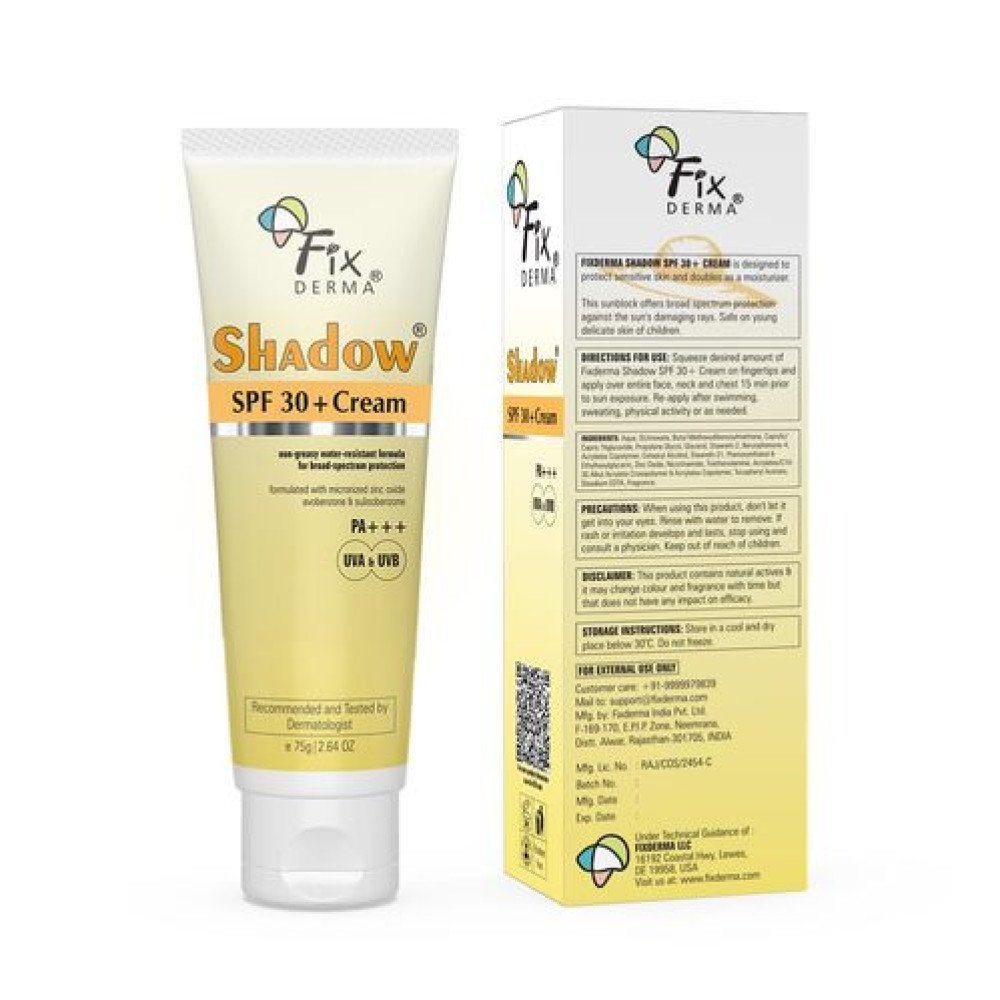 Fixderma Shadow Sunscreen SPF 30+ PA+++ Cream For Dry Skin, Body & Face, Broad Spectrum For Uva & Uvb Protection, Non Greasy & Water Resistant, 75g