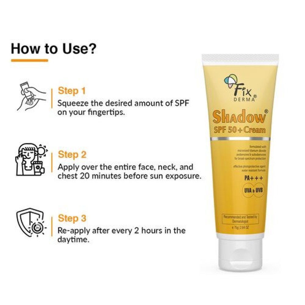 Fixderma Shadow Sunscreen SPF 50+ Cream PA+++ Dry Skin For Body & Face Broad Spectrum Sunscreen For UVA & UVB Protection Non Greasy & Water Resistant-75gm