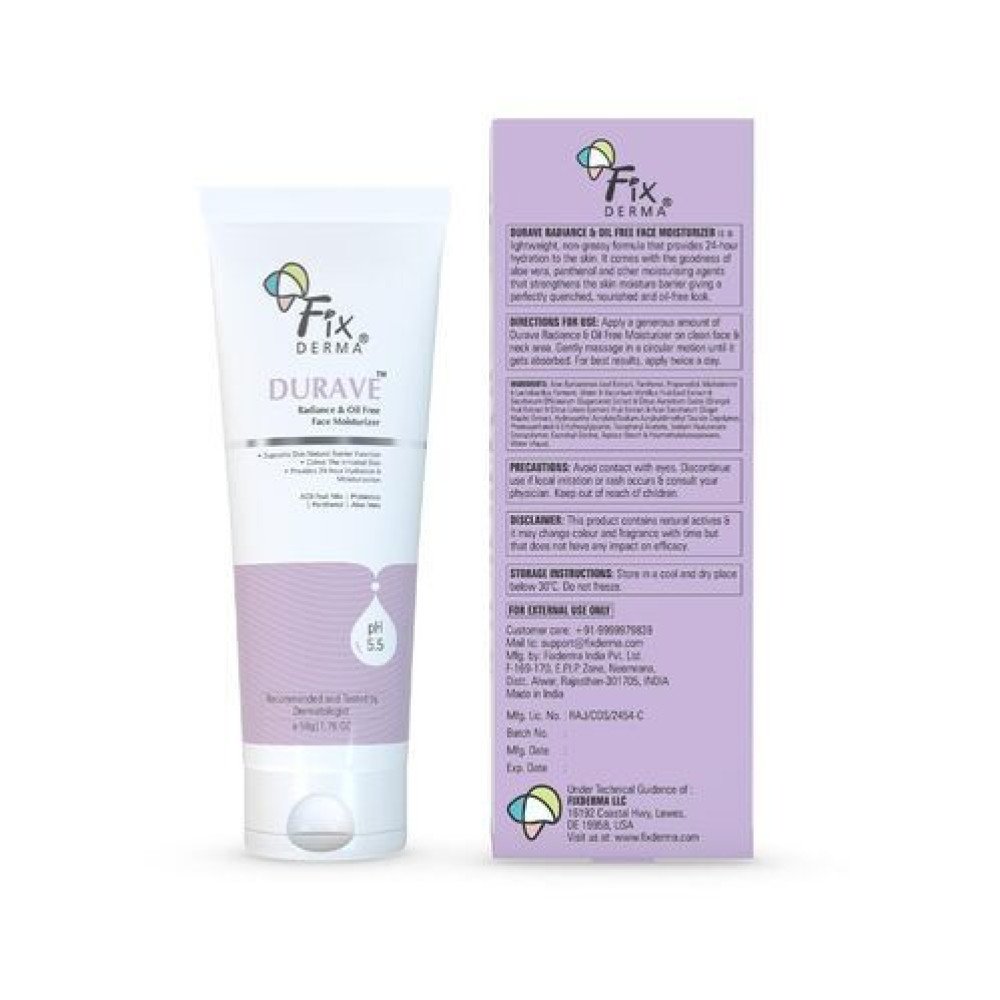 Fixderma Durave Radiance & Brightening Oil Free Face Moisturizer with Probiotics | Aloe Vera | Brightening Face Moisturizer for Women & Men - 50gm