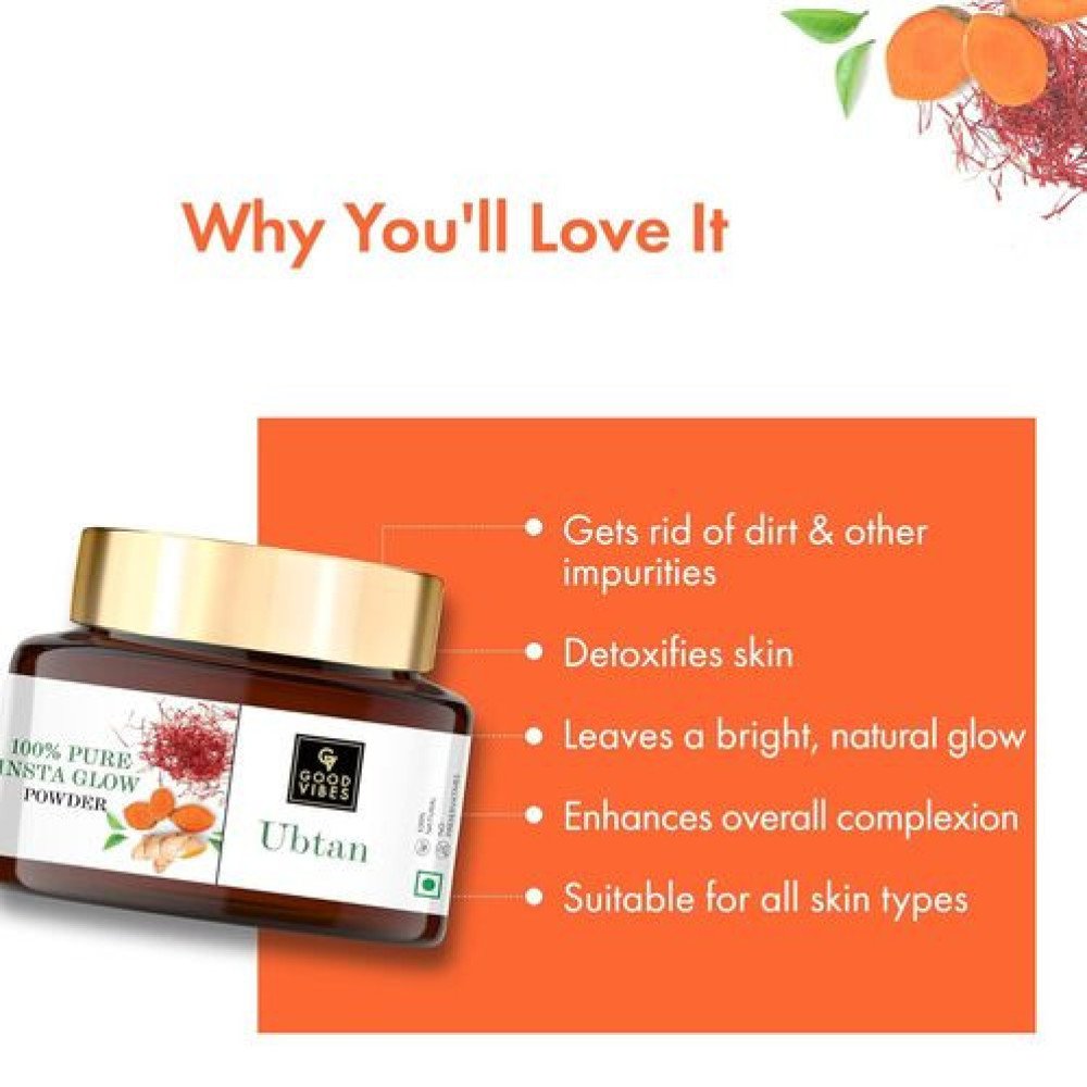 Good Vibes Ubtan 100% Pure Insta Glow Powder, 150 g | Detoxifying Cleansing Brightening Face Pack Powder For All Skin Types | With Turmeric, Saffron, Gram Flour | No Parabens