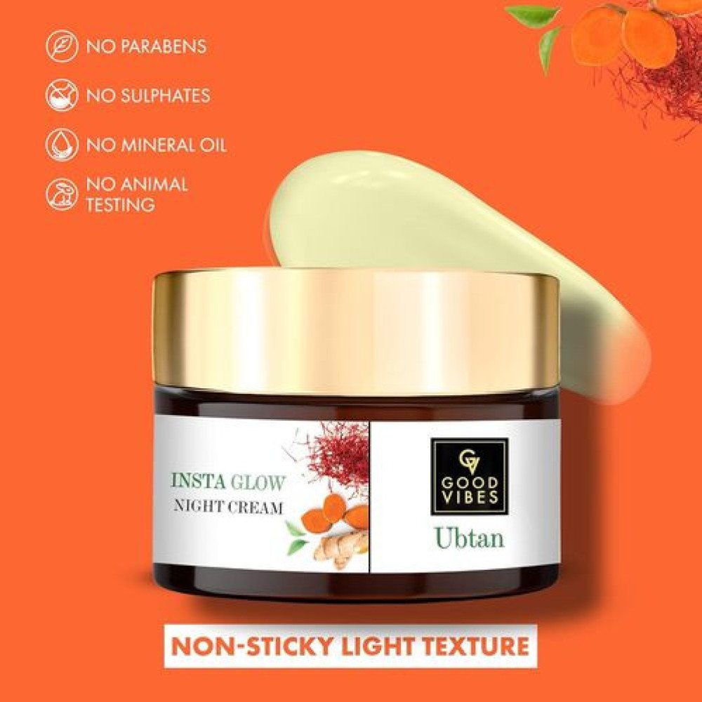 Good Vibes Ubtan Insta Glow Night Cream, 50 g | Brightening Moisturizing Nourishing Face Moisturizer For All Skin Types | With Turmeric, Saffron, Vitamin B3 | No Parabens, Sulphates &\