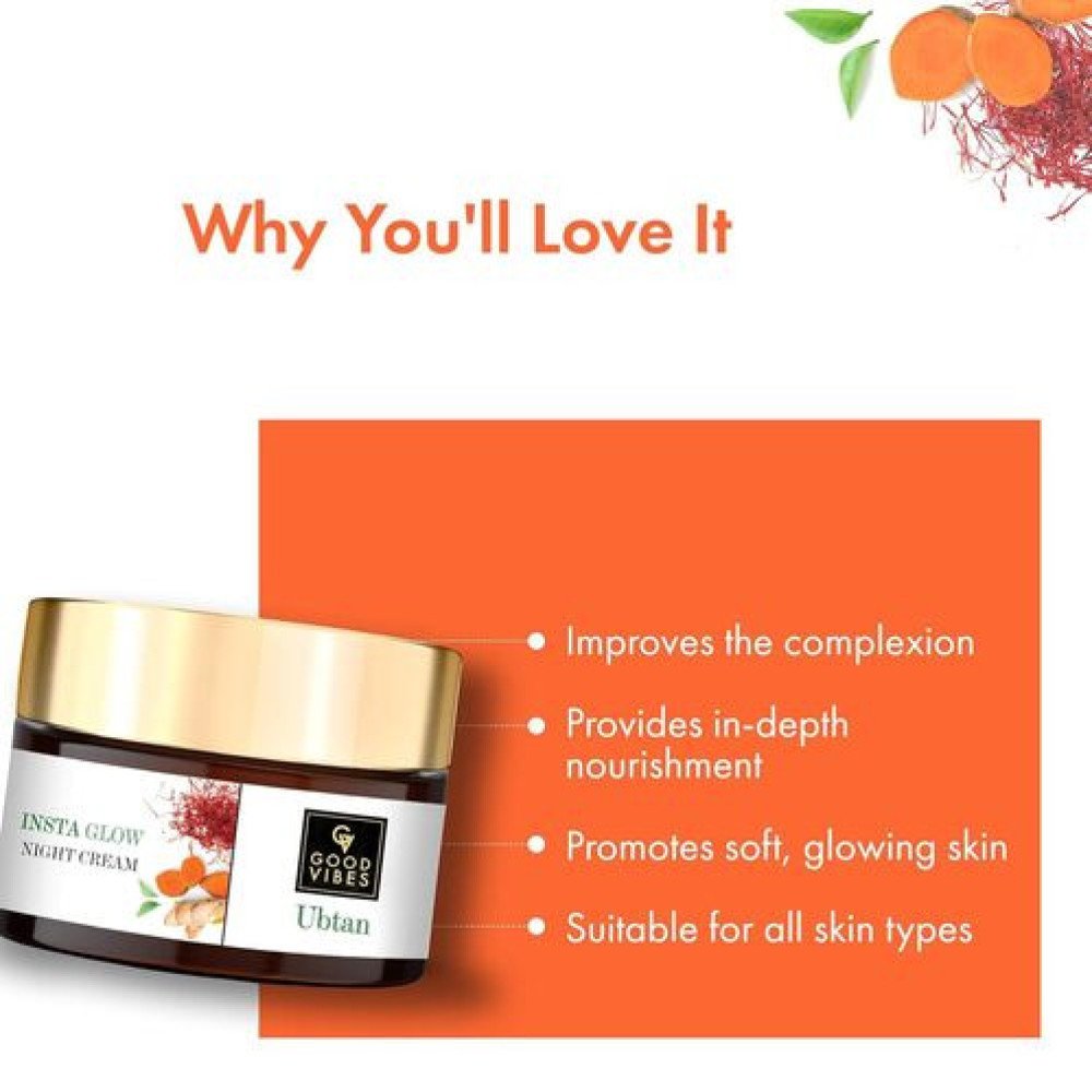 Good Vibes Ubtan Insta Glow Night Cream, 50 g | Brightening Moisturizing Nourishing Face Moisturizer For All Skin Types | With Turmeric, Saffron, Vitamin B3 | No Parabens, Sulphates &\