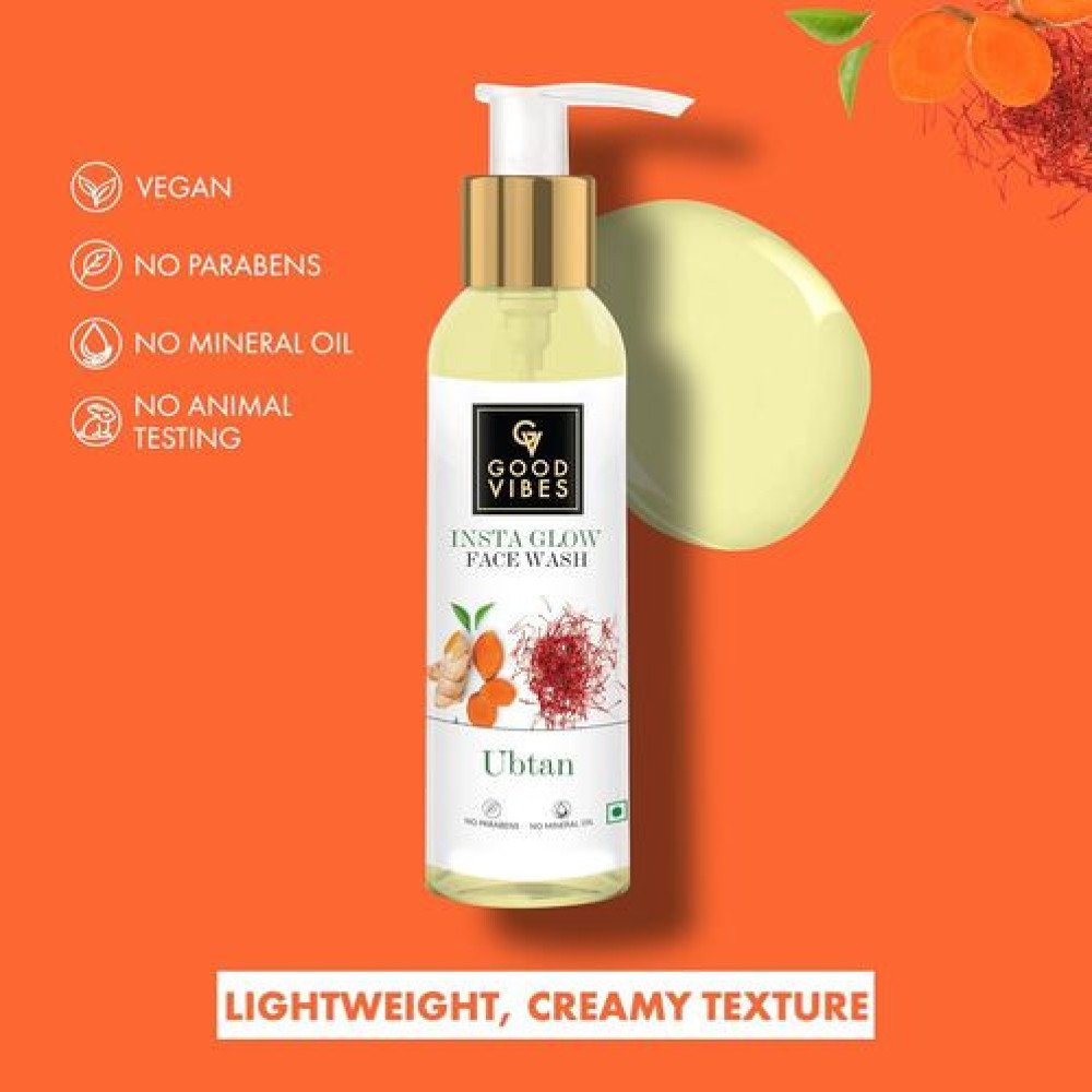 Good Vibes Ubtan Insta Glow Face Wash, 120 ml | Brightening, Soothing, Moisturizing Face Cleanser For All Skin Types | With Turmeric, Saffron, Vitamin B3 | No Parabens, Sulph