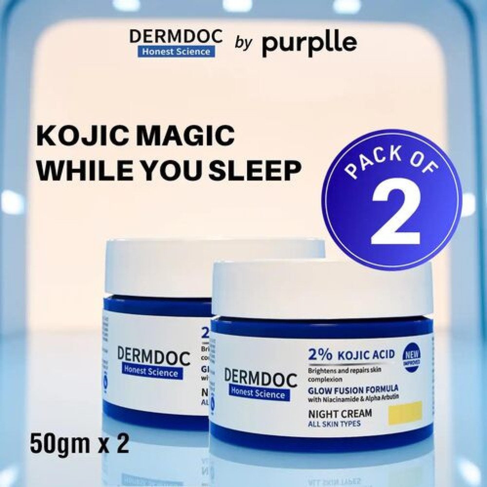 DERMDOC 2% Kojic Acid Night Cream With Niacinamide  Alpha Arbutin | Face Moisturizer For Glowing  Brightening Skin | Reduces Dark Spots  Pigmentation -50 Gm Pack Of-2